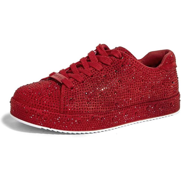 Lucky Step Red Rhinestone Pewter Bridal Bling Glitter Bedazzled Shiny Sneakers - Picture 1 of 9